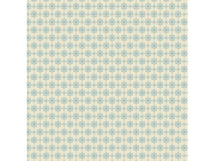 Látka bavlna v metráži 734LB s květinovým motivem vzor modrý geometrický na smetanovém podkladu