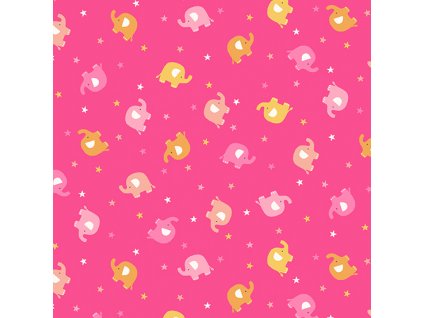 Látka bavlna v metráži 2603P s dětským motivem vzor barevní sloni a hvězdy na růžovém podkladu