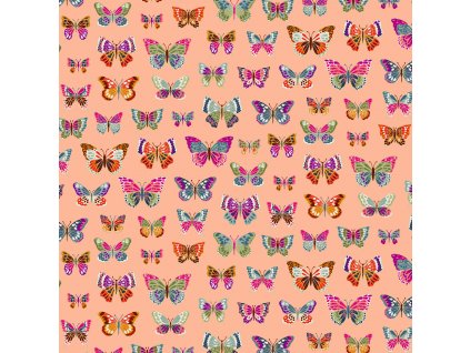 Látka bavlna v metráži se zlatým efektem 2613N se zvířecím motivem, vzor barevní motýli na růžovém podkladu