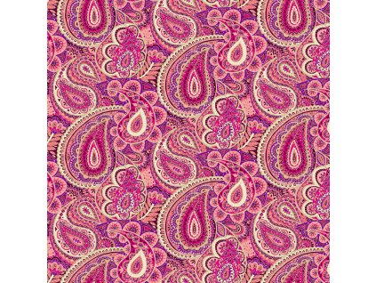 Látka bavlna v metráži se zlatým efektem 2615P s kašmírovým motivem vzor růžovo fialový Paisley