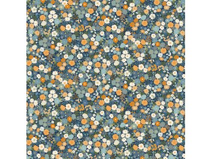 Látka bavlna v metráži se zlatým efektem 2616B s květinovým motivem vzor modré oranžové a smetanové drobné kytičky na modrém podkladu