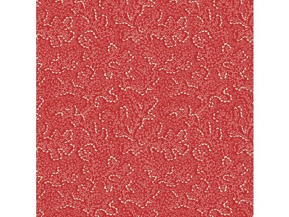 Látka bavlna v metráži 814R s květinovým motivem vzor smetanovo růžový keř na červeném podkladu