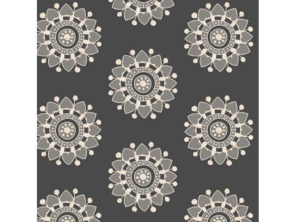 Látka bavlna v metráži 772K s geometrickým motivem vzor větrníky na černém podkladu