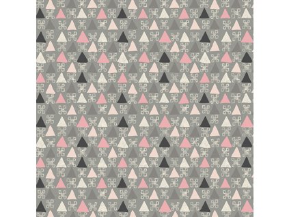 Látka bavlna v metráži 773C s geometrickým motivem vzor barevné trojúhelníky na šedém podkladu