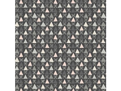 Látka bavlna v metráži 773K s geometrickým motivem vzor barevné trojúhelníky na černém podkladu