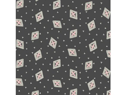 Látka bavlna v metráži 775K s geometrickým motivem vzor kosočtverec s růžovou květinkou na černém podkladu