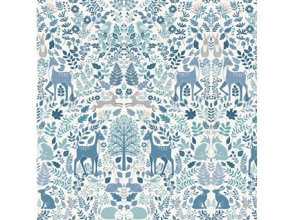 Látka bavlna v metráži 015B s přírodním motivem, vzor modrá lesní zvířátka v přírodě na smetanovém podkladu