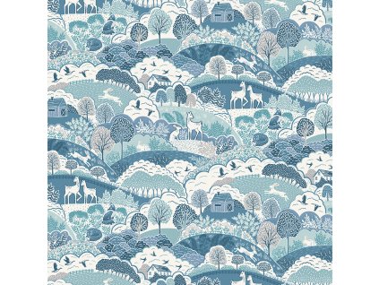 Látka bavlna v metráži 016B s přírodním motivem vzor kopcovitá krajina se zvířátky v modrých odstínech