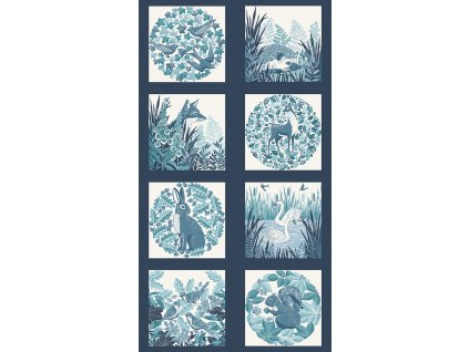 Panel 020B s přírodním motivem, vzor lesní zvířátka v přírodě na modrém podkladu