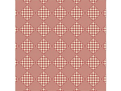 Látka bavlna v metráži 1041R s geometrickým motivem vzor smetanové puntíky a kolečka uspořádané do geometrického tvaru na červeném podkladu