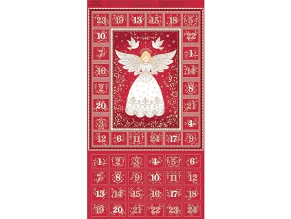 Adventní kalendář k ušití se zlatým efektem 042R k ušití s vánočním motivem vzor andělé holubice a hvězdy na červeném podkladu