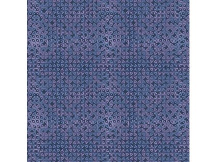Látka bavlna v metráži 1096B s geometrickým motivem fialový a modrý geometrický vzor na tmavě modrém podkladu