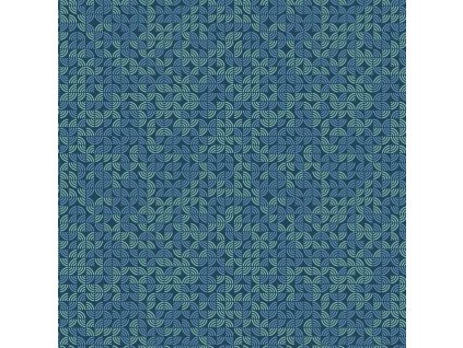 Látka bavlna v metráži 1096T s geometrickým motivem  modrý a tyrkysový geometrický vzor na tmavě tyrkysovém podkladu
