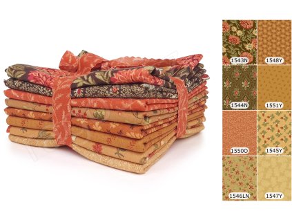 Fat Quarters Autumn Woods 2025 NY látky s podzimním motivem v hnědých, oranžových a žlutých odstínech