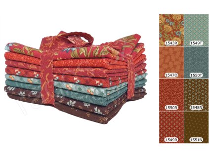 Fat Quarters Autumn Woods 2025 R látky s podzimním motivem v červených, tyrkysových a hnědých odstínech