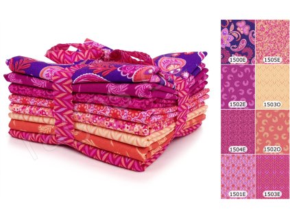 Fat Quarters Mollys Magic E látky s květinovým a geometrickým motivem ve fialových, růžových, žlutých a oranžových odstínech