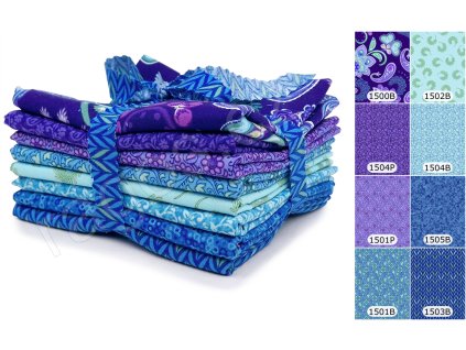 Fat Quarters Mollys Magic B látky s květinovým a geometrickým motivem ve fialových, modrých a tyrkysových odstínech