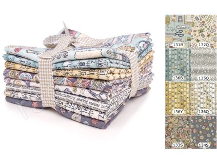 Fat Quarters Atelier látky motivem šití a šicích potřeb v šedo fialových, tyrkysových, smetanových a žlutých odstínech