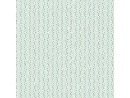 Látka bavlna v metráži 1606B s geometrickým motivem, vzor hnědý zig zag na světle modrém podkladu