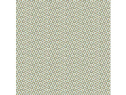 Látka bavlna v metráži 1609N s geometrickým motivem, vzor hnědé trojúhelníky na světle modrém podkladu