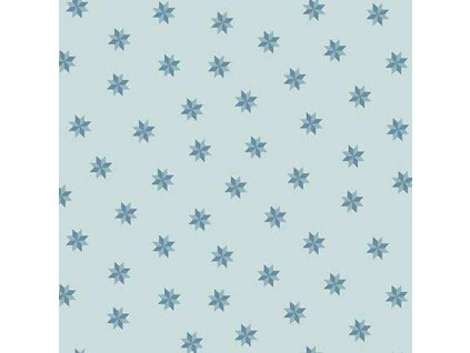 Látka bavlna v metráži 1610B s geometrickým motivem, vzor modré patchworkové  hvězdy na světle modrém podkladu