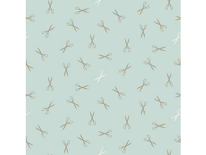 Látka bavlna v metráži 1612LB s motivem šití, vzor krejčovské nůžky na světle modrém podkladu