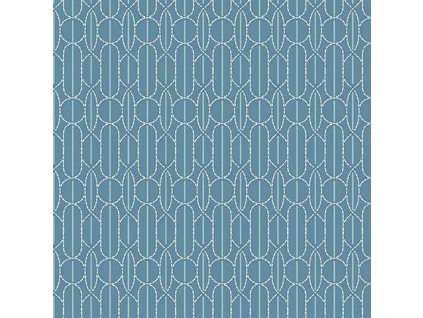 Látka bavlna v metráži 1614B s geometrickým motivem, geometrický vzor na modrém podkladu