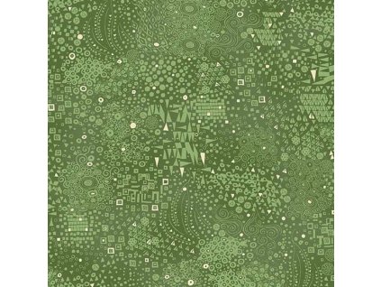 Látka bavlna v metráži se zlatým efektem 157G s geometrickým motivem, vzor geometrické tvary se zlatým efektem na zeleném podkladu