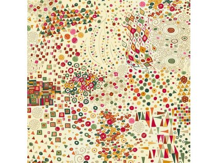 Látka bavlna v metráži se zlatým efektem 155Q s geometrickým motivem, vzor  geometrické tvary se zlatým efektem na smetanovém podkladu