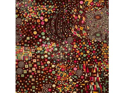 Látka bavlna v metráži se zlatým efektem 155V s geometrickým motivem, vzor  geometrické tvary se zlatým efektem na tmavě hnědém podkladu