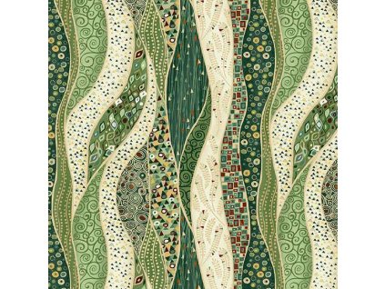 Látka bavlna v metráži se zlatým efektem 156G s geometrickým motivem, vzor  geometrické tvary ve vlnách se zlatým efektem na zeleném a smetanovém podkladu