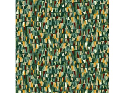 Látka bavlna v metráži se zlatým efektem 159G s geometrickým motivem, vzor trojúhelníky se zlatým efektem na zeleném podkladu