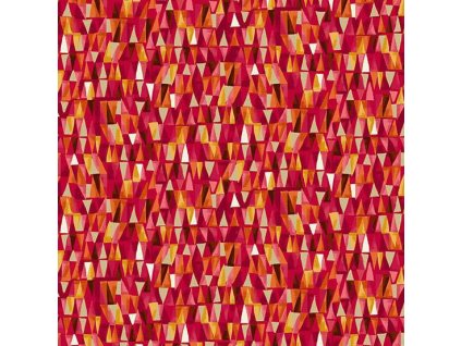 Látka bavlna v metráži se zlatým efektem 159R s geometrickým motivem, vzor trojúhelníky se zlatým efektem na červeném podkladu