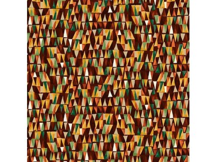 Látka bavlna v metráži se zlatým efektem 159V s geometrickým motivem, vzor trojúhelníky se zlatým efektem na tmavě hnědém podkladu