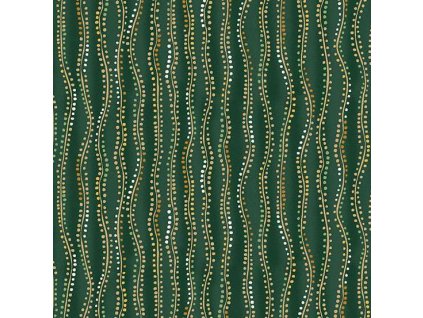 Látka bavlna v metráži se zlatým efektem 161G s geometrickým motivem, vzor puntíky ve vlnách se zlatým efektem na zeleném podkladu
