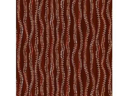 Látka bavlna v metráži se zlatým efektem 161V s geometrickým motivem, vzor puntíky ve vlnách se zlatým efektem na tmavě hnědém podkladu