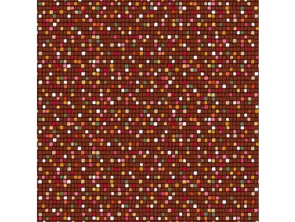 Látka bavlna v metráži se zlatým efektem 162V s geometrickým motivem, vzor mozaika se zlatým efektem na tmavě hnědém podkladu