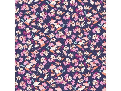 Látka bavlna v metráži 1566B s květinovým motivem, vzor echinacea na tmavě modrém podkladu