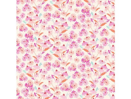 Látka bavlna v metráži 1566L s květinovým motivem, vzor echinacea na smetanovém podkladu