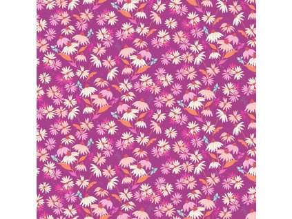 Látka bavlna v metráži 1566P s květinovým motivem, vzor echinacea na tmavě růžovém podkladu