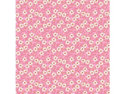 Látka bavlna v metráži 1567E s květinovým motivem, vzor květiny na růžovém podkladu