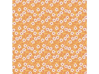 Látka bavlna v metráži 1567Y s květinovým motivem, vzor květiny na žlutém podkladu