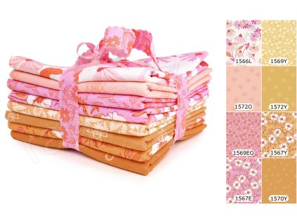 Fat Quarters Petals and Stitches L látky s motivem květin ve žlutých a růžových odstínech