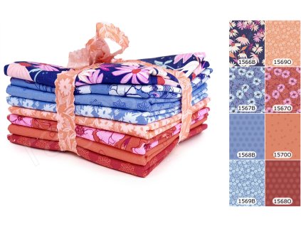 Fat Quarters Petals and Stitches B látky s motivem květin v modrých a oranžových odstínech