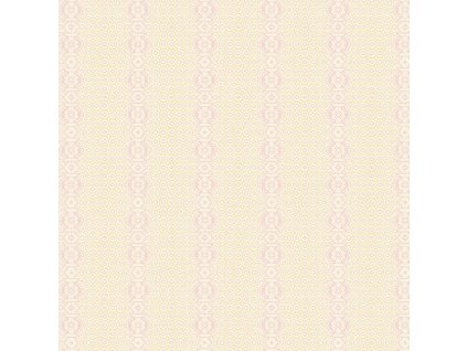 Látka bavlna v metráži 1625E s geometrickým motivem, vzor růžová a žlutá babiččina krajka na smetanovém podkladu