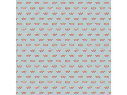 Látka bavlna v metráži 1626B s motivem hmyzu, vzor růžový motýl na modrém podkladu