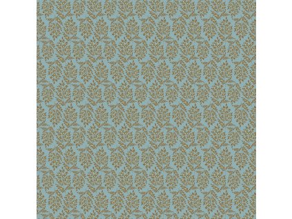 Látka bavlna v metráži 1628B s motivem rostlin, vzor hnědá kapradina na modrém podkladu