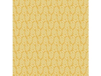 Látka bavlna v metráži 1628Y s motivem rostlin, vzor světle žlutá kapradina na žlutém podkladu