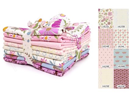 Fat Quarters Flourish L látky s motivem květin ve smetanových, hnědých, modrých a růžových odstínech