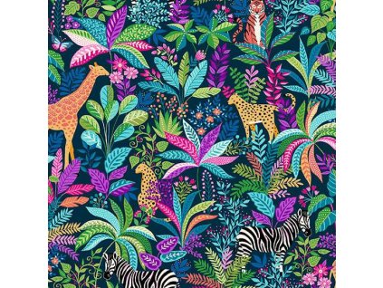 Látka bavlna v metráži 146B s motivem džungle, vzor exotické rostliny a zvířata na tmavě modrém podkladu
